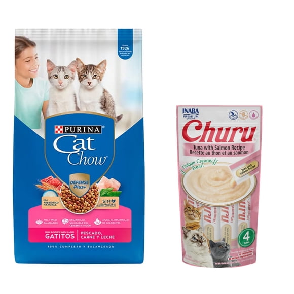 Cat Chow Gatitos Pescado Carne y Leche Defense Plus 7.5 kg + Churu Snack Salmon y Atun 14 g (4 Pzas.)