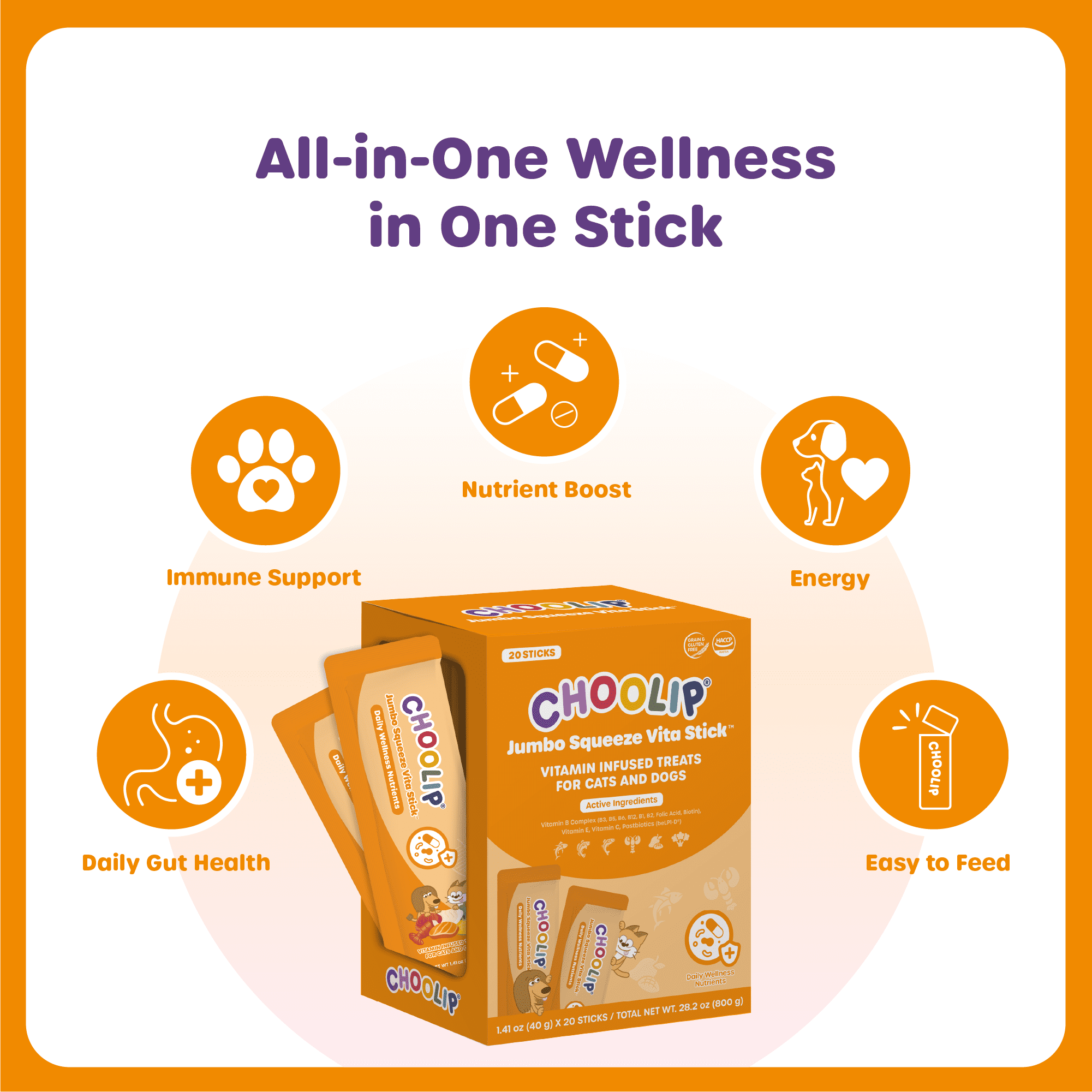 Choolip Jumbo Squeeze Vita Stick Lickable Treats for Cats & Dogs, 28.2 oz (20 Sticks)