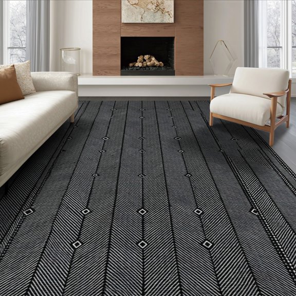 ODIKA 8'x10' Washable Area Rug Herringbone Minimalist Monochrome Repeating Border Detail Farmhouse for Dining Room, Large Office, Lounge, Non-Slip Chair-Friendly Mat