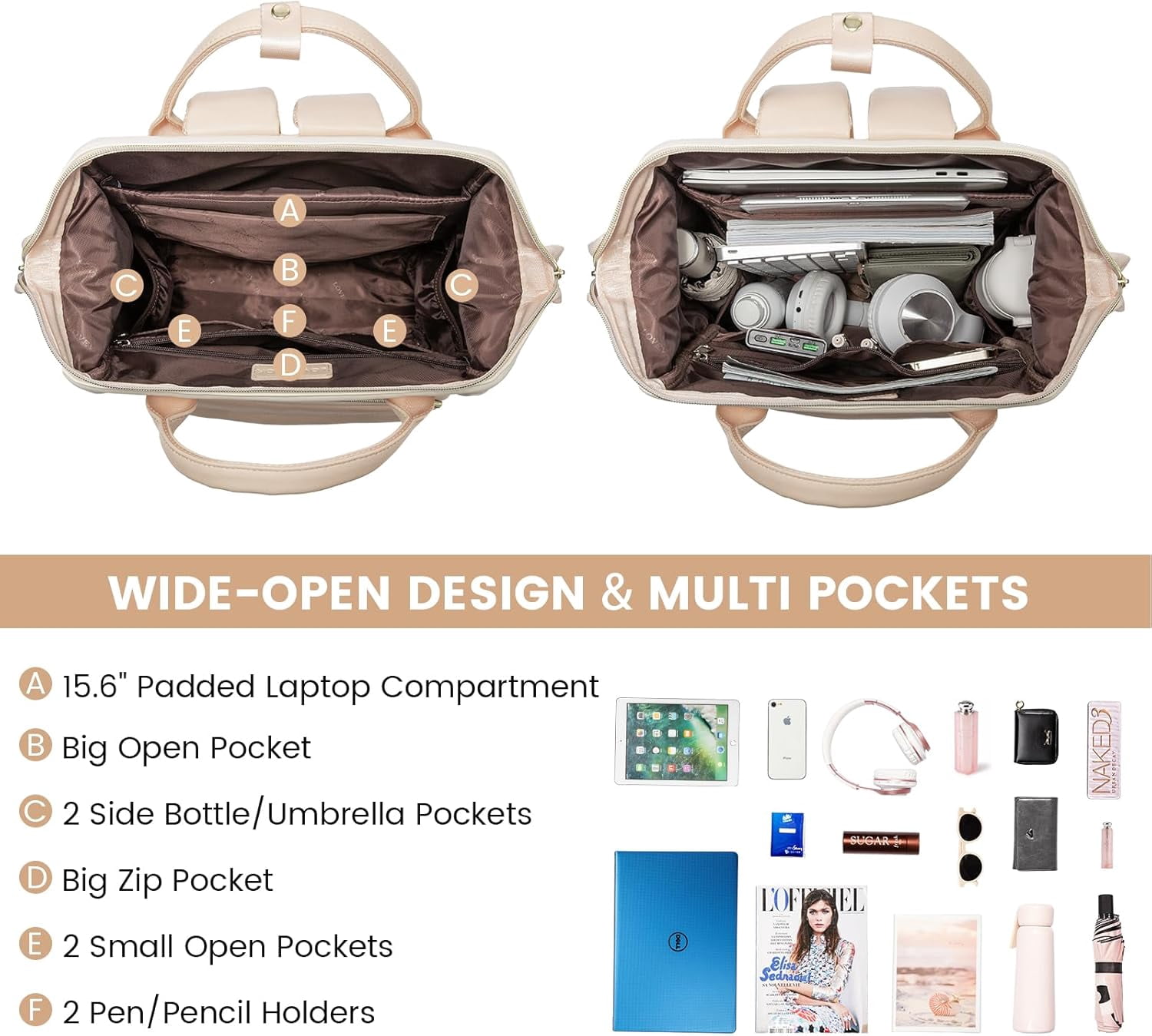 LOVEVOOK Leather Laptop Backpack for Women, 17 inch Professional Work & Travel Bag, Brown