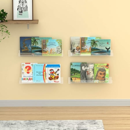 24" Premium Acrylic Floating Nursery Kids Bookshelf Wall Ledge Shelf, Clear Invisible Spice Rack Bathroom Storage Shelves Display Organizer, 50% Thicker with Screwdriver, Set of 4