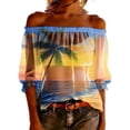 thumbnail image 2 of JTZGDY Mesh See Through Off the Shoulder Tops for Women Fashion Summer Tropical Palm Tree Printed Puff Short Sleeve Sheer Tunic Blouse Trendy Holiday Beach Vacation Outfit Tees Shirt, 2 of 10