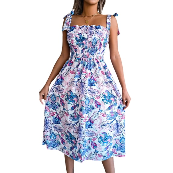 Seyurigaoka Women’s Summer Casual Vacation Dress, Bandage Suspender Tree Leaves Print A-line Mid-length Dress