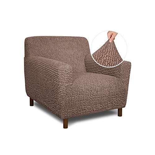 Chair Cover - Armchair Cover - Armchair Slipcover - Cotton Fabric Slipcover - 1-Piece Form Fit Stretch Stylish Furniture Protector - Mille Righe Collection - Camel (Chair)