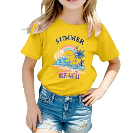 Adeawade Girl s T Shirts Short Sleeve Top Letter Graphic Loose Fit Tee Kids Round Neck Cute Spring Summer Clothing Yellow 8-9 Years