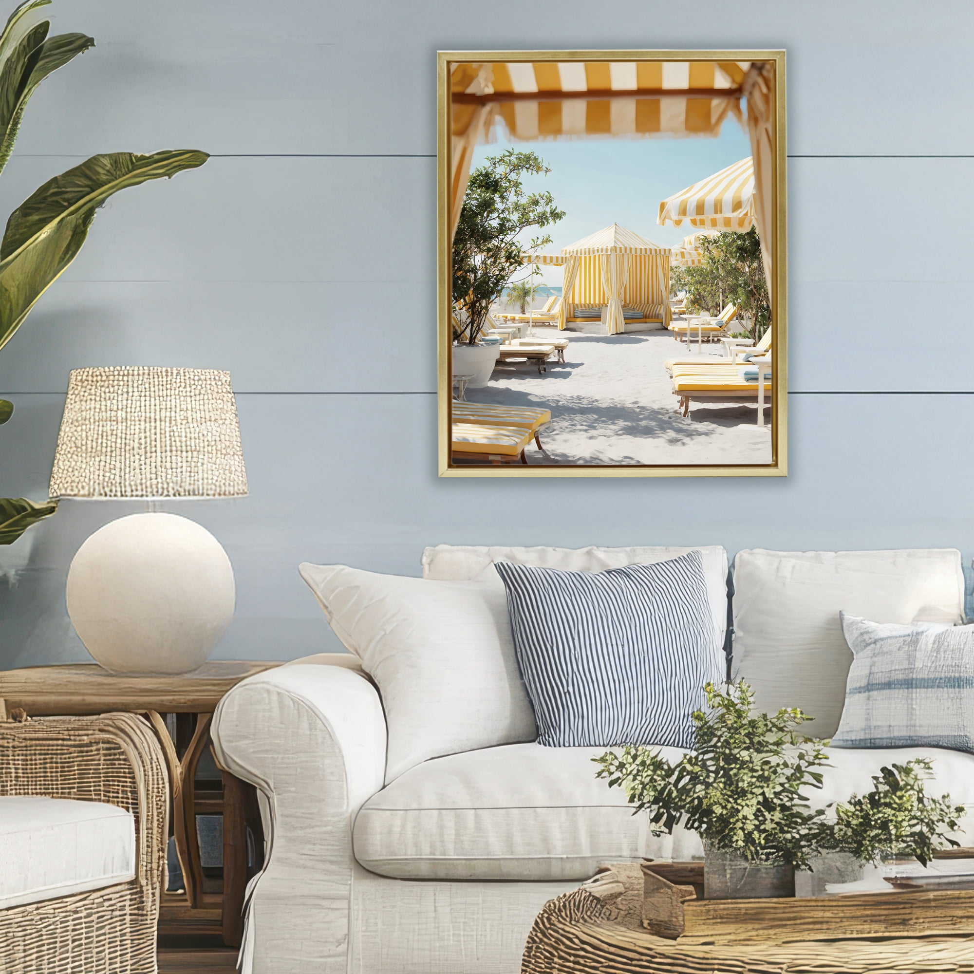 Stupell Industries Yellow Striped Beach Cabanas Gold Framed Floater Canvas Wall Art, design by Franklyn Gregory