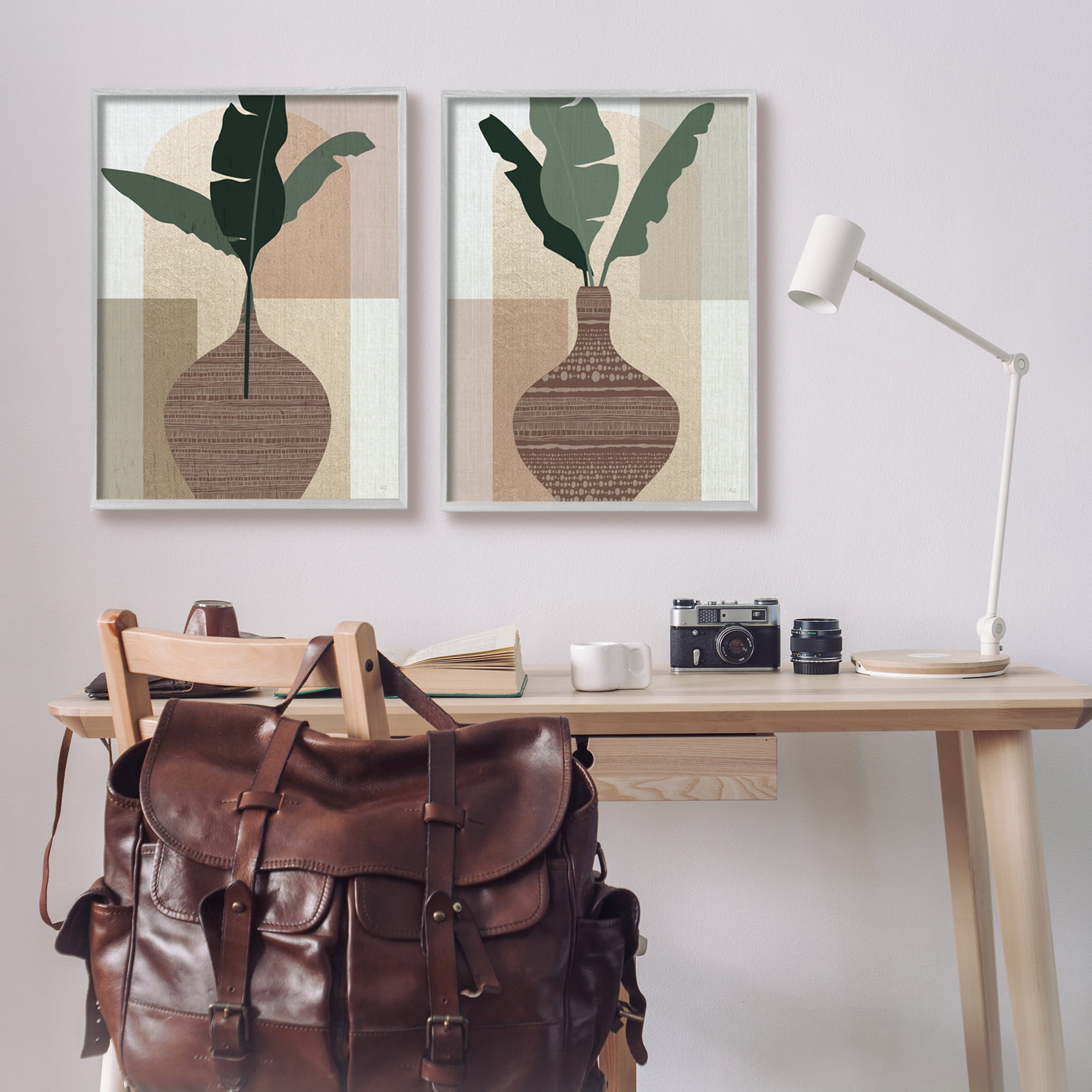 Stupell Industries Boho Geometric Plant Vases Botanical & Floral Painting Gray Framed Art Print Wall Art, 24 x 30, Set of 2