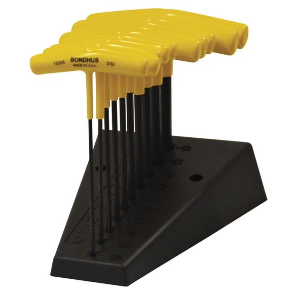 JUEGO DE 10 LLAVES HEXAGONALES FRACCIONALES EN "T" RECTA LARGO DE 6" 3/32" A 3/8" CON BASE. BONDHUS 15290 BONDHUS 15290