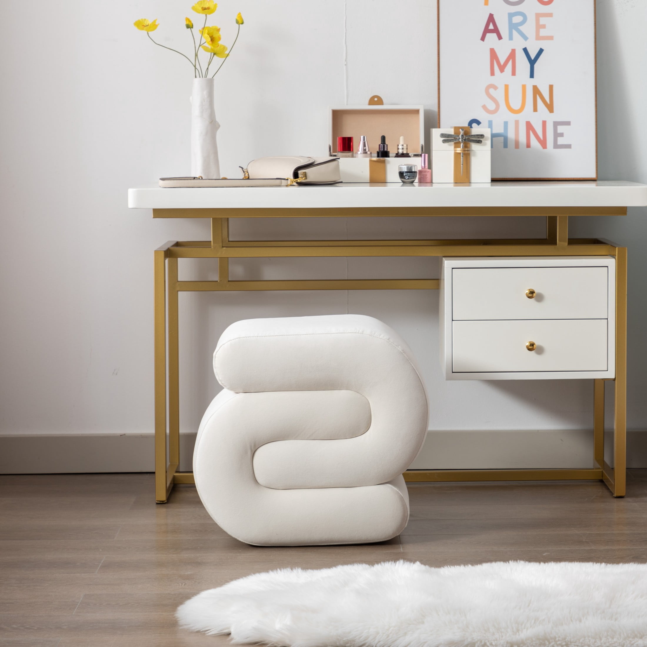 Noble House Rache 19" S-Shape Velvet Accent Ottoman, Plush Makeup Footrest Table Stool with Foam, White