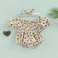 thumbnail image 2 of Été Bébé Filles Romper Bébé Doux Style Coeur Impression Dentelle Col Puff Manches Courtes Froncé Combinaison + Arc Chapeaux, 2 of 7