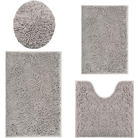 Bathroom Rugs Sets 4 Piece, Extra Soft Absorbent Chenille Bath Rugs, Non Slip Rubber Backing Machine Washable Quick Dry Bath Mats for Bathroom Floor, Tub, Shower, Home Decor Accessories, Light Grey