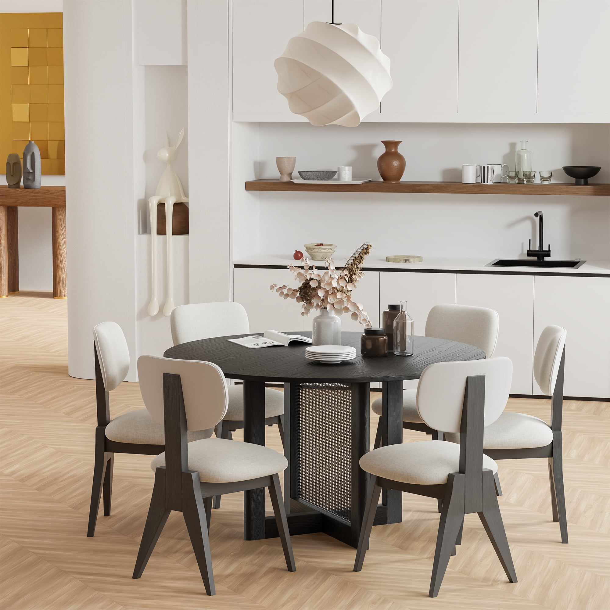 52" Round Dining Table Oak Wood Kitchen Table,Black