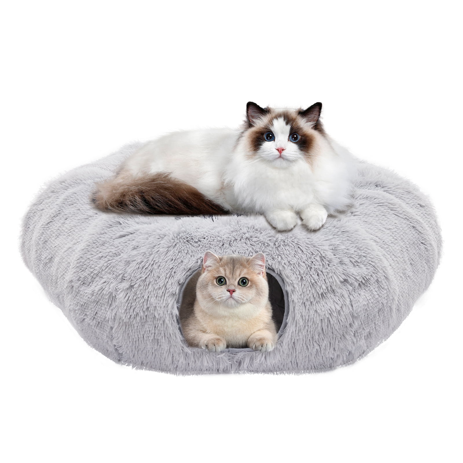 LIFERECORD Cat Tunnel with Cat Bed for Indoor Cats, Under Christmas Tree Soft Plush Peekaboo Cat Cave Donut Tunnel, Multifunctional Playground Toys Hideplace for Kittens, Rabbit - Grey