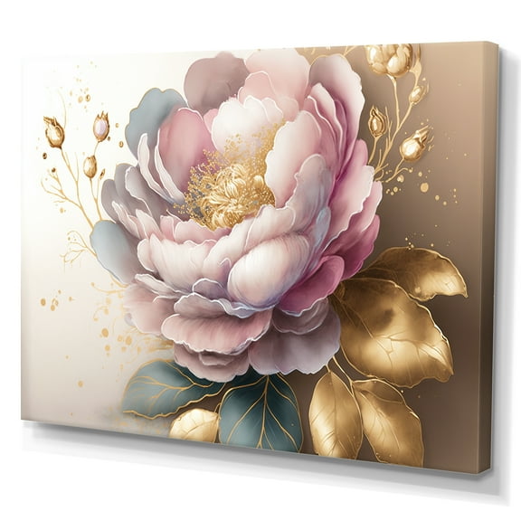 Designart Pink And Gold Camellia Flower II Canvas Wall Art
