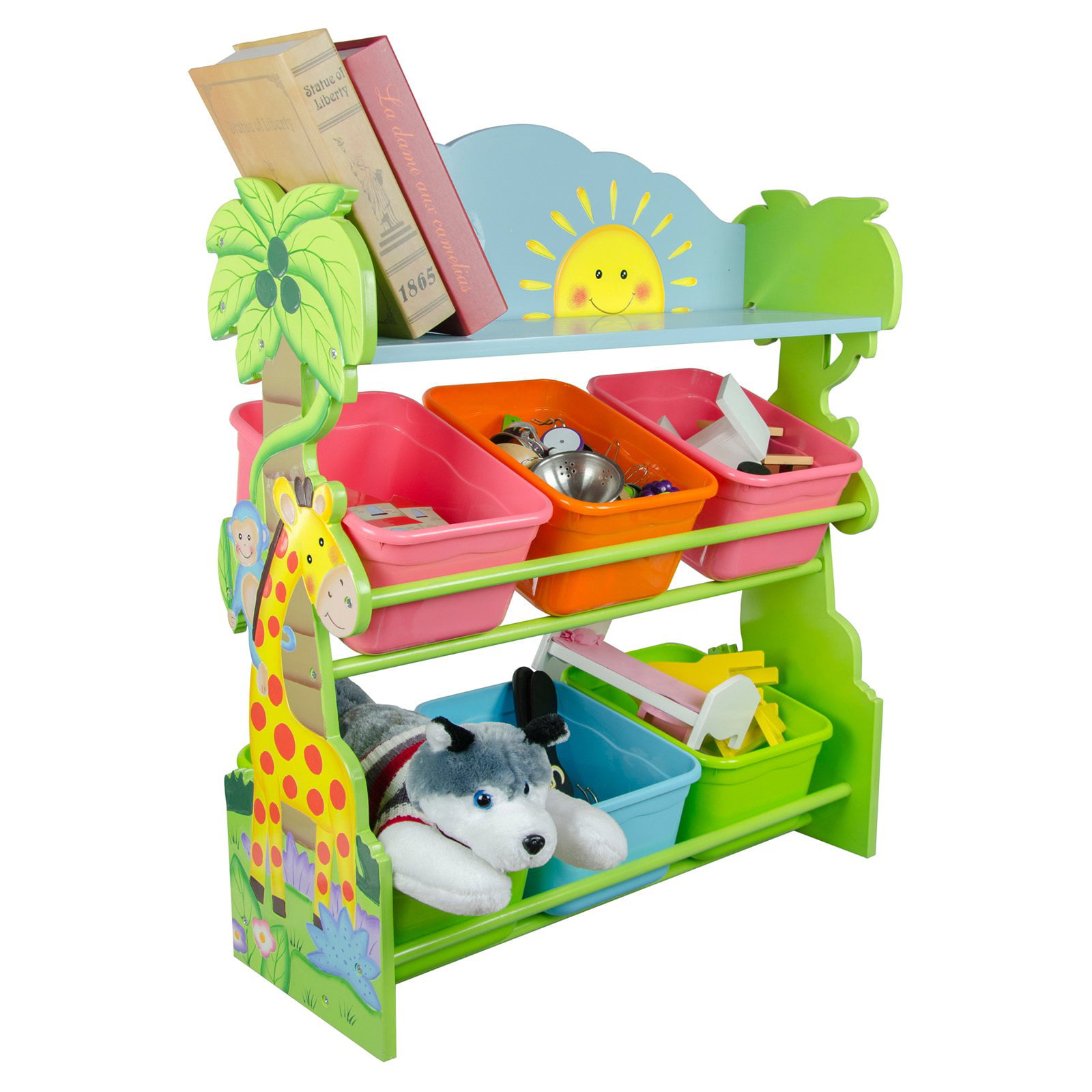 Sunny Safari Wooden Kids Bookshelf with Hand Crafted Designs & Toy Storage Green Fantasy Fields 