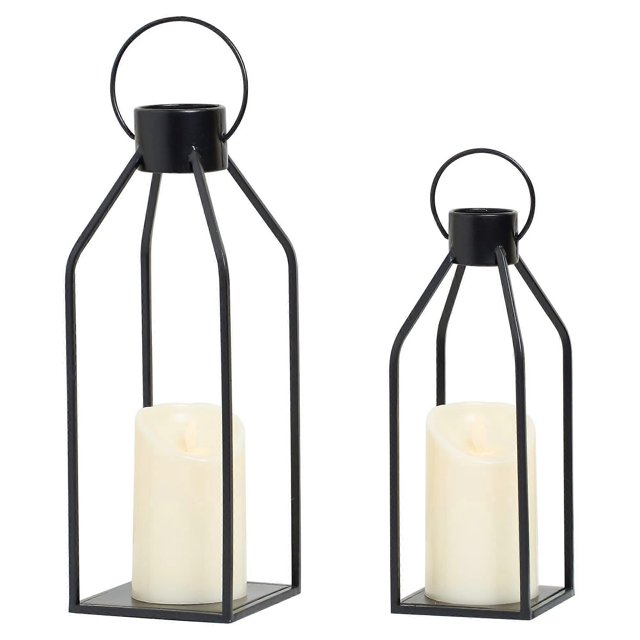 HPC Decor Modern Farmhouse Lantern Decor- Black Metal Lanterns Candle for Christmas- Lanterns Decorative w/Timer Flickering Candles