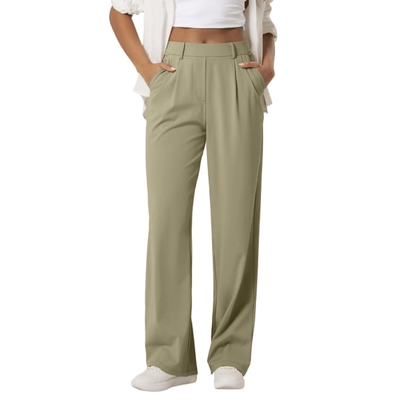 Htigea Women's Dress Pants Pleated Front Straight Leg Work Pants Solid Color High Waisted Business Office Trousers with Pockets Khaki S
