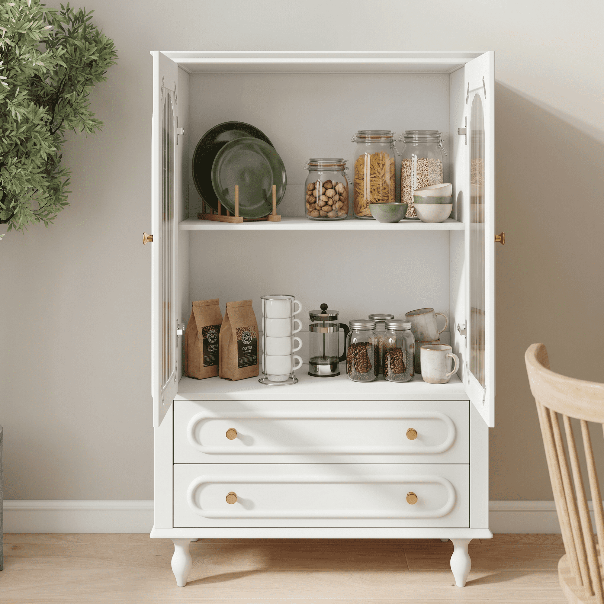 Leumius 46.5" Glass Display Cabinet with Ribbed Glass Doors,Wooden Curio Cabinet with 2 Drawers and Adjustable Shelf, Freestanding Buffet Cabinet Unit for Living Room Dining Room White