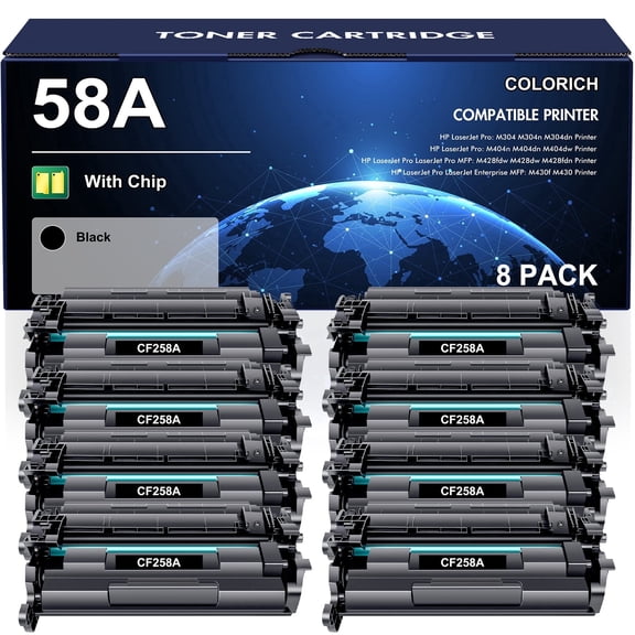 Colorich 58A Toner Cartridges with Chip Compatible for HP 58A CF258A 58X CF258X Laserjet M404n M404dn M404dw N406dn MFP M428fdw M428fdn M428dw M404 M428 M430f Printer (Black, 8 Pack)