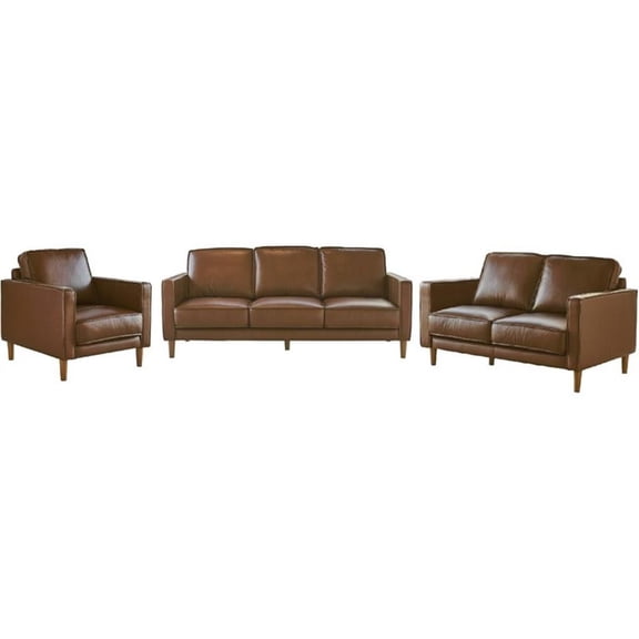 Sunset Trading Prelude 3 Piece Top Grain Leather Living Room Set | Chestnut Brown | Mid Century Modern Sofa Loveseat and Chair