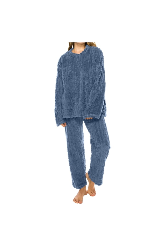 Fuzzy Pajamas Set for Women 2 Piece Fleece Warm Long Sleeve Loungewear Soft Fluffy Crew Neck Tops with Long Pants Sets for Winter