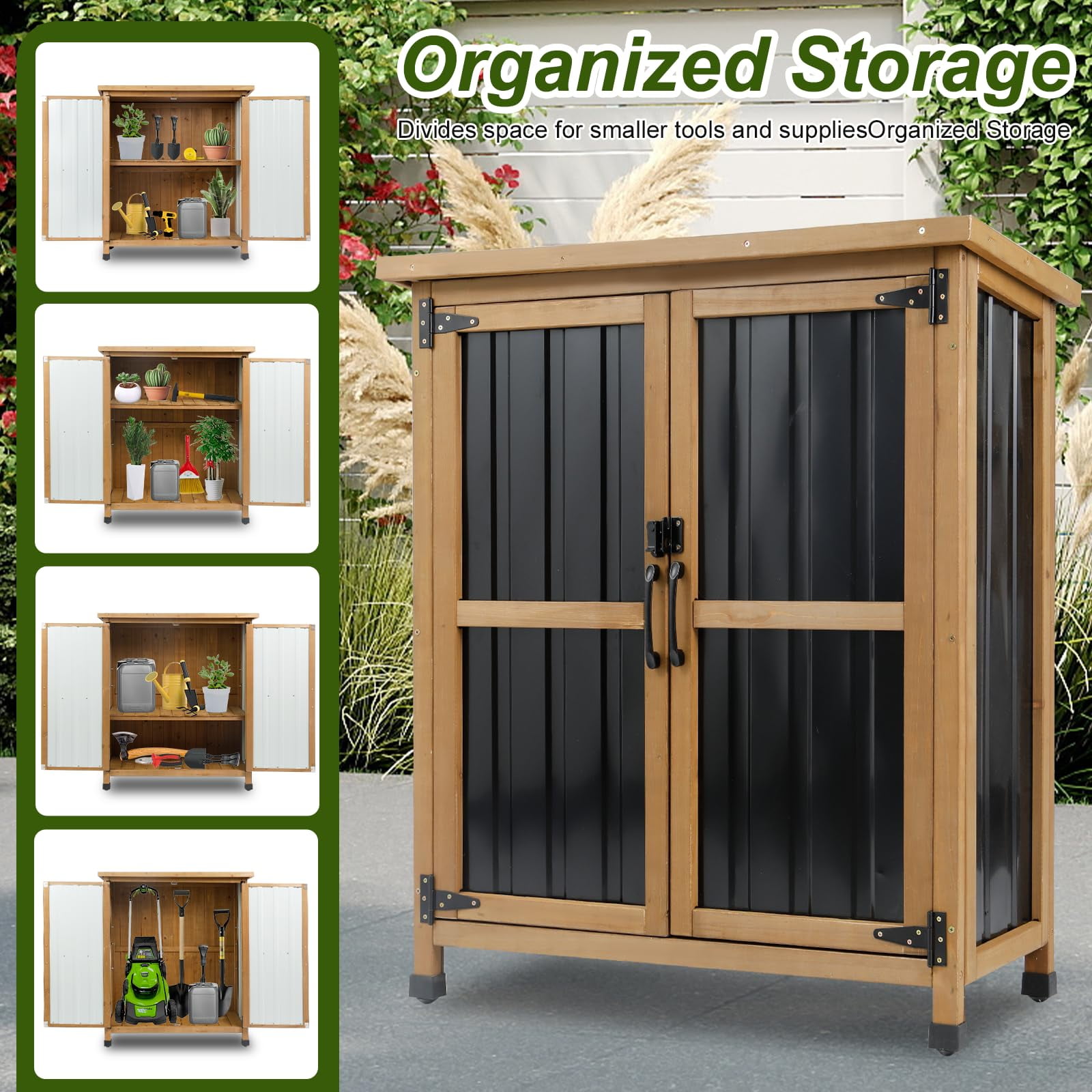 Gowoodhut Outdoor Storage Cabinet Wood Storage Shed Waterproof Roof, Double Lockable Doors Garden Shed with Removable Shelves for Patio, Garden