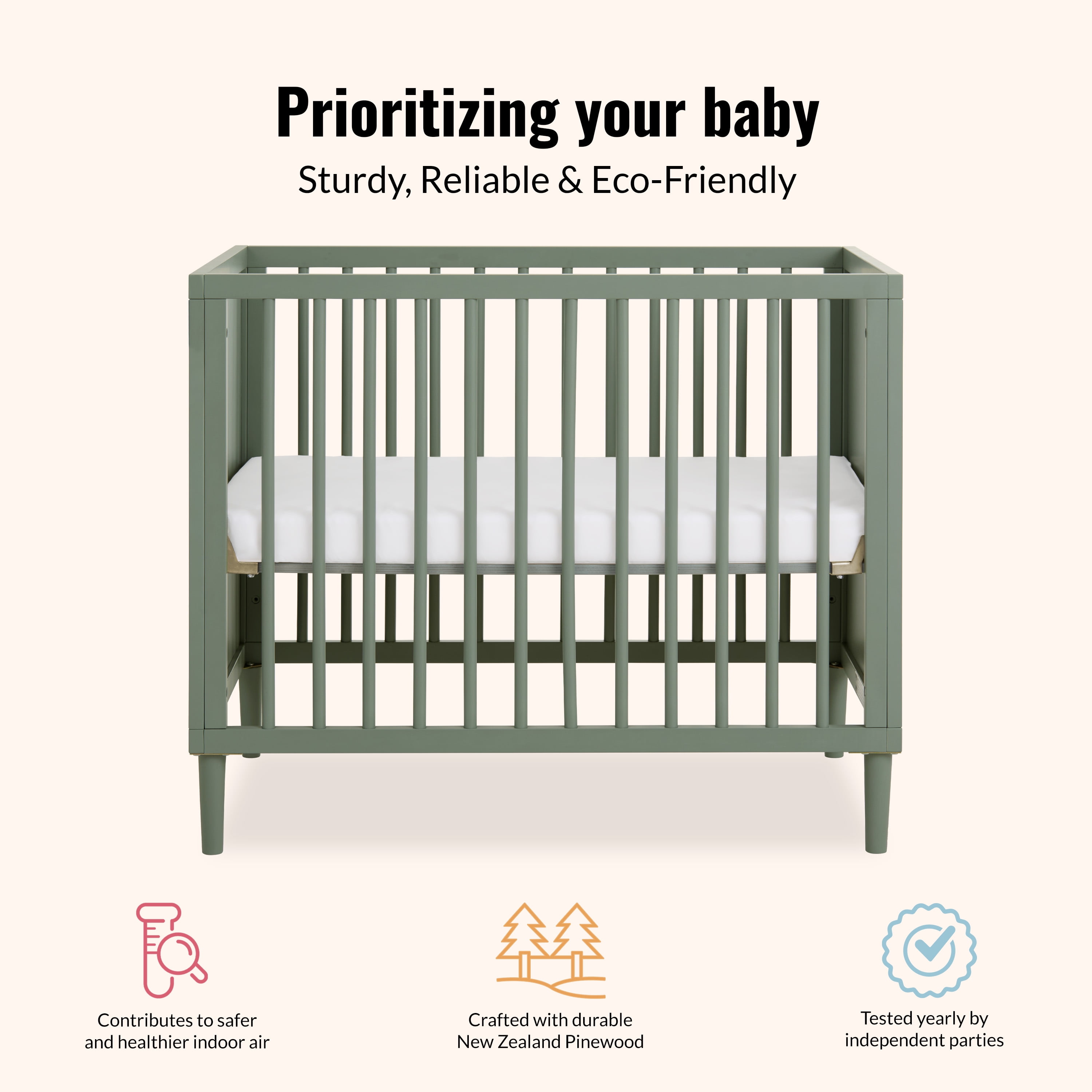 Dream On Me Lucas Mini Modern Crib With Rounded Spindles I Convertible Crib I Mid- Century Meets Modern I Portable Crib, Meadow Green