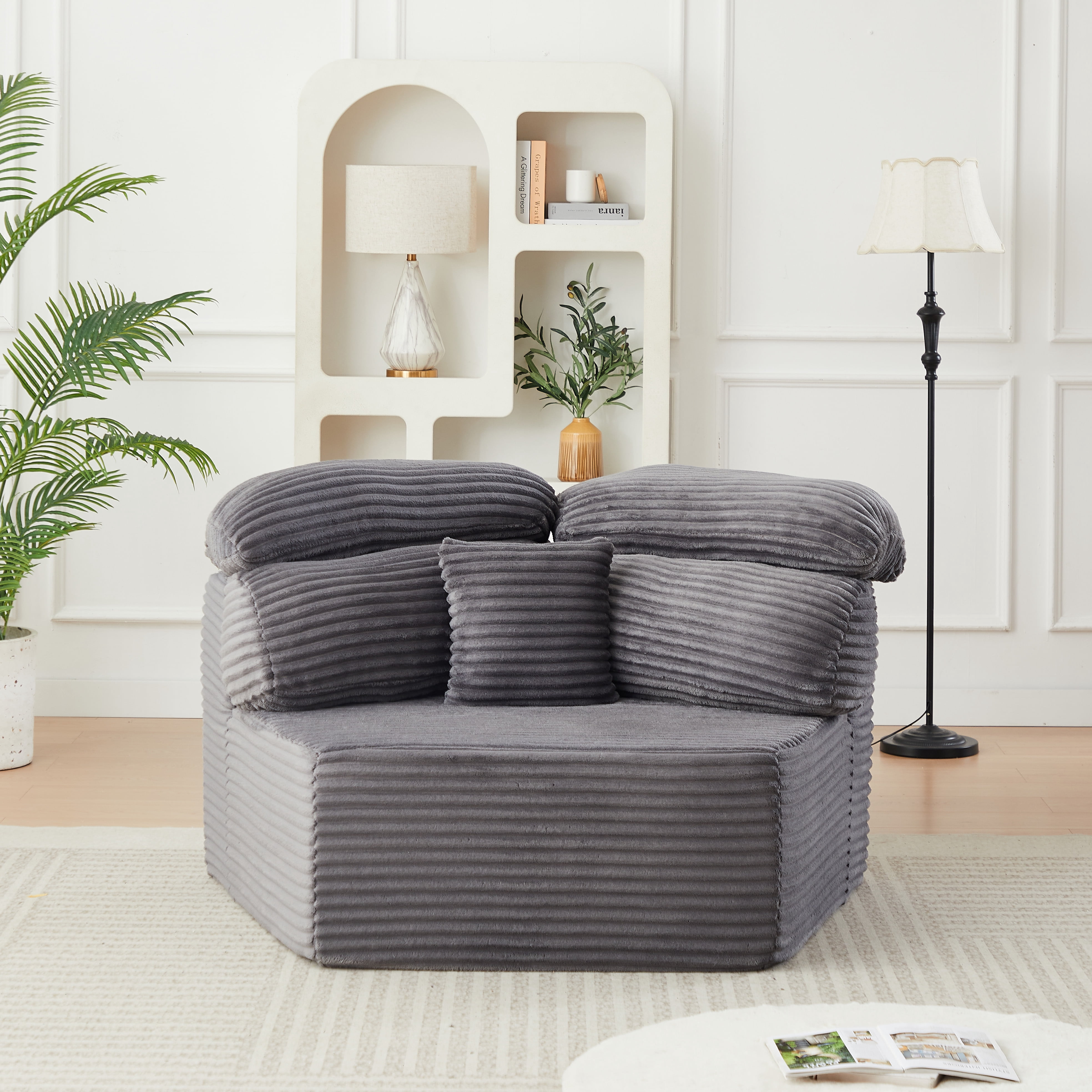 Leumius 53" Single Sofa,Oversized Modular Sofa Lounge Chair with Stylish Envelop Sesign Pillow,Pentagonal Sofa Boneless Couch for Living Room,Gray Corduroy