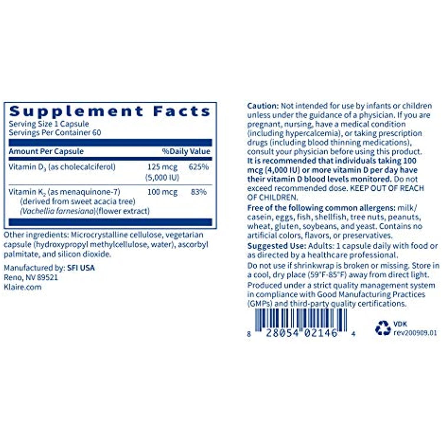 Klaire Labs Vitamin D Plus K - 5000 IU Vitamin D3 with Vitamin K2 MK-7, Bioavailable Formula for Bone, Cardiovascular & Immune Support (60 Capsules)