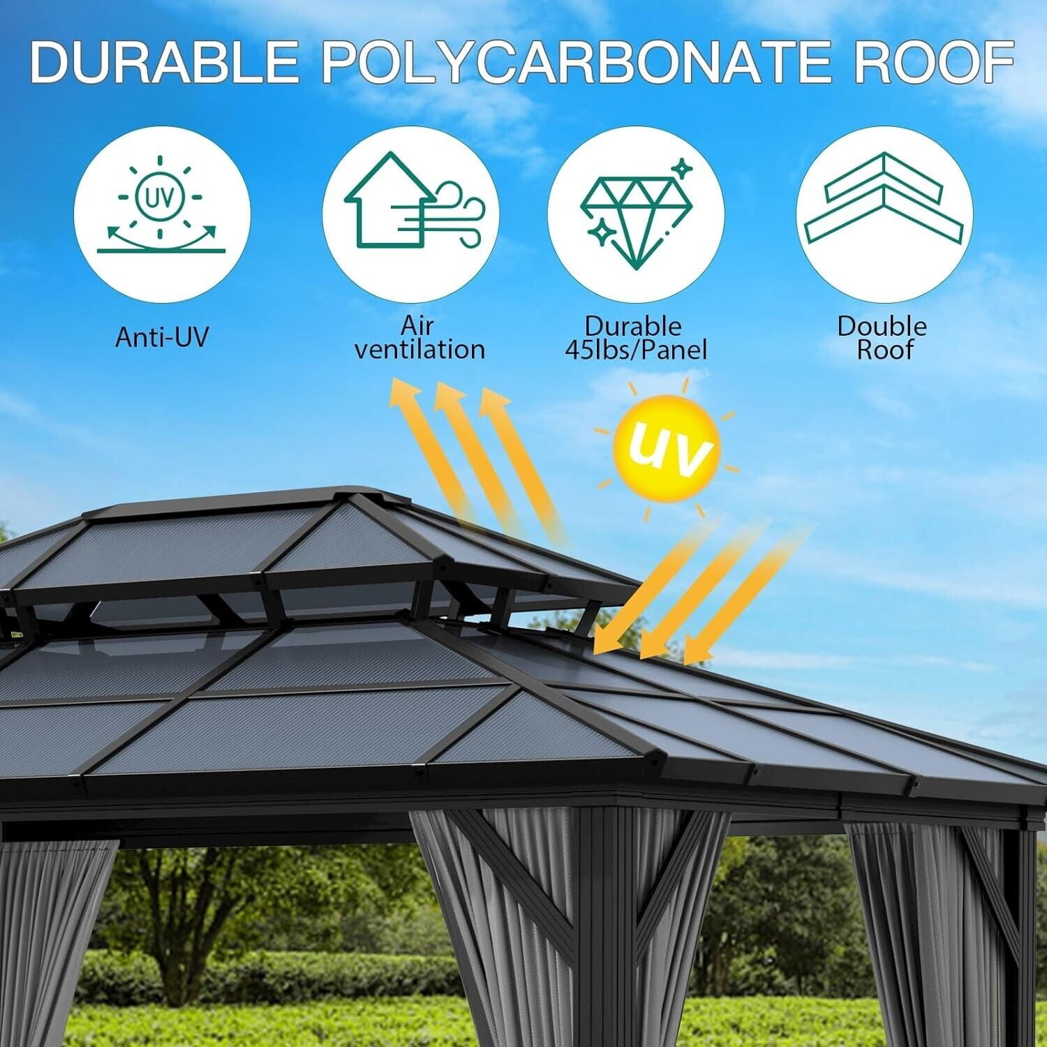 Emorefun 10x13 FT Hardtop Gazebo Outdoor Double Roof Canopy with Curtains & Netting Gray