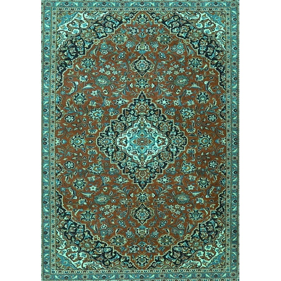 Ahgly Company Machine Washable Indoor Rectangle Medallion Turquoise Blue Traditional Area Rugs, 8' x 10'