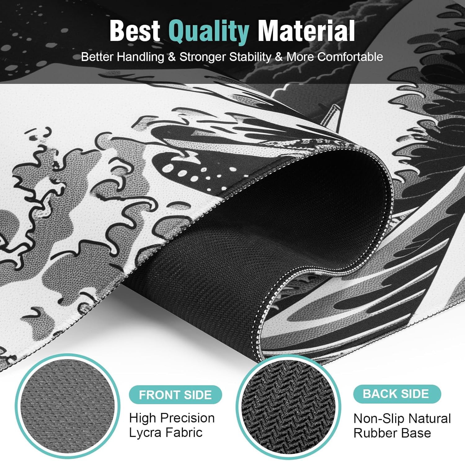 Japanese Sea Wave Gaming Mouse Pad - 31.5x11.8 Inch Kanagawa Black Mat, High-Performance Smooth Precision Fabric, Stable Non-Slip Rubber Base, Ideal for Fluid Control