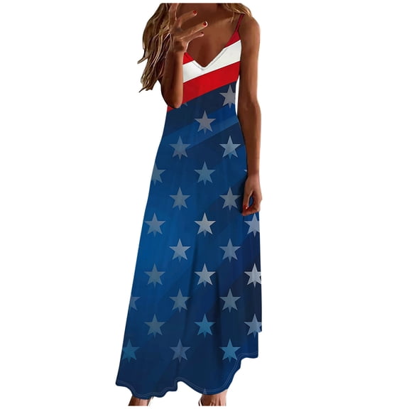 ibuvkizy Womens 4th of July Maxi Dresses Casual Independence Day Dress for Women Stars Graphic Sleeveless Dresses Trendy Red White Blue V Neck Summer Dresses for Women 2025 Multicolor L
