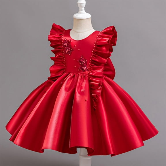 Amzcrzy Girls Formal Gowns and Evening Dresses with Ruffle Flutter Sleeves, Pearl Embellished Floral Applique Summer Wedding Guest Dress Toddlers & Little Girls 9 Months - 6 Years
