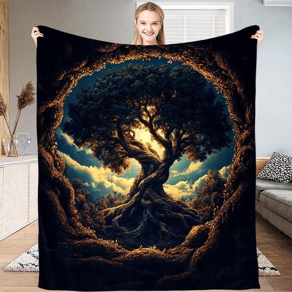 Tree of Life Blanket Soft Fleece Throw with Symbolic Nature Design Cozy Sherpa Bedspread for Couch, Bed, Meditation, or Gift Throw, Twin, Queen, King Sizes (Tree in The Hole)50*60