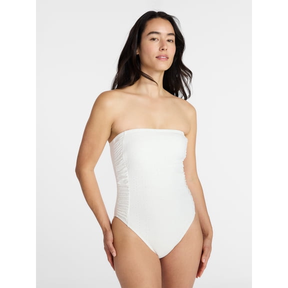 Time and Tru Women's and Women's Plus Eyelet Bandeau One Piece Swimsuit with Side Shirring, Sizes XS-3X