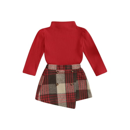 

Luethbiezx Long Sleeve Turtleneck T-shirt Irregular Plaid Skirt Set for Girls