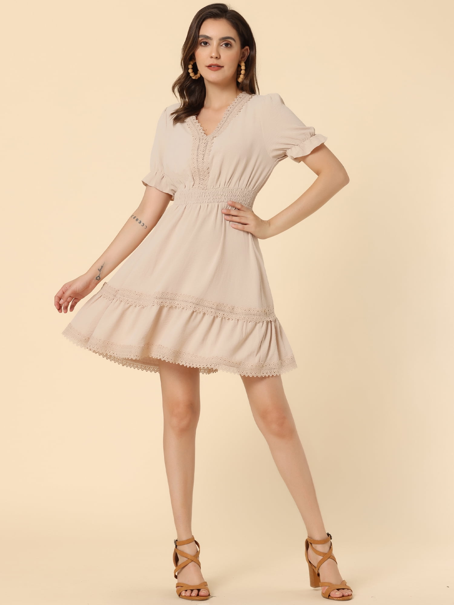 DARING DIVA V Neck Smocked Elastic Waist Short Sleeve Mini Dress XS Beige