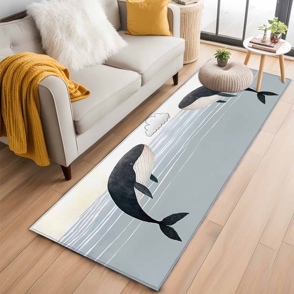 Whale Runner Rug 2x6 FT, Non Slip Hallway Rugs, Ocean Coastal Fish Aqua Beach Orange Sky Washable Soft Floor Carpet Non-Shedding Throw Runner Carpet Long Rug for Entryway Kitchen Bedside Sliding Door