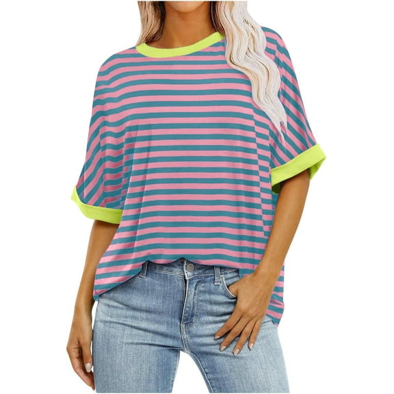 bnaln Womens Summer Tops Casual Crewneck Short Sleeve Sweatshirt Striped Color Block Trendy Pullover Loose Fit T Shirts Blouse Baggy Jumpers Fall Dressy Tshirts Going Out Tops