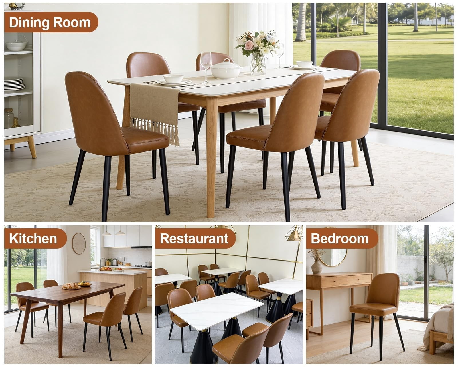 Brown Leather Dining Chairs Set of 2, Modern Upholstered Armless Kitchen Chairs with Metal Legs, Ergonomic Side Chairs for Dining Room, Restaurant, Living Room & Meeting Room