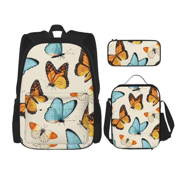 Disketp Butterflies Mochila Estampada de Gran Capacidad con Lonchera y Estuche, Set de 3 Piezas para Estudiantes