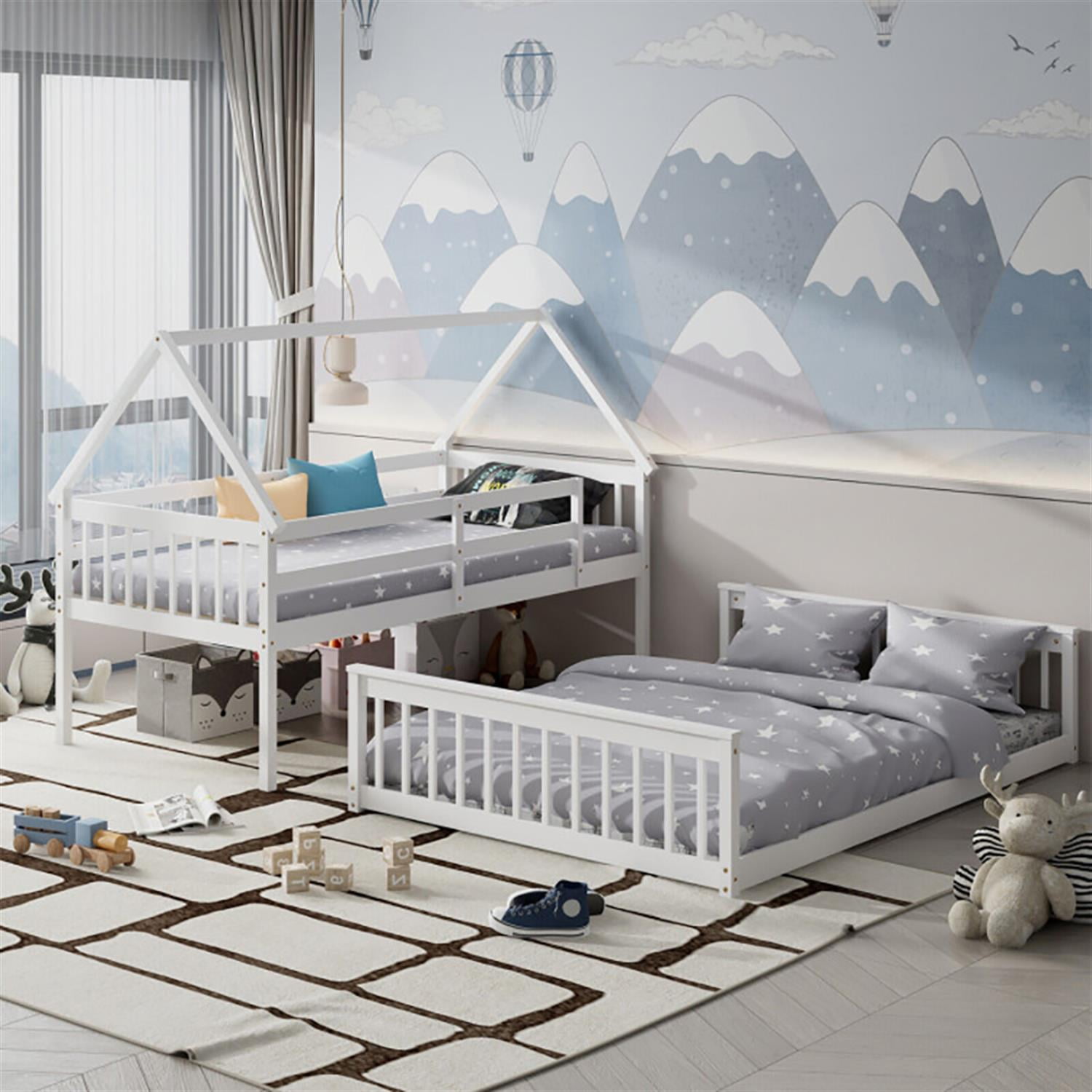 Demi Bonn Twin Over Full Bunk Bed with Ladder and Guardrails, House Twin Bunk Beds, Bed Frame, White