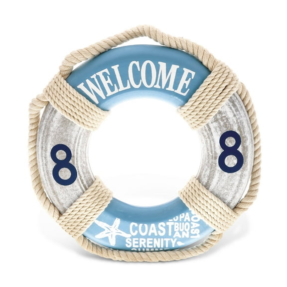 CoTa Global Aqua Sky Life Ring Welcome Nautical Decor Sign - Nautical Themed Wood Sign, Beach Decor for Wall, Novelty White and Blue Welcome Life Ring Wooden Figure