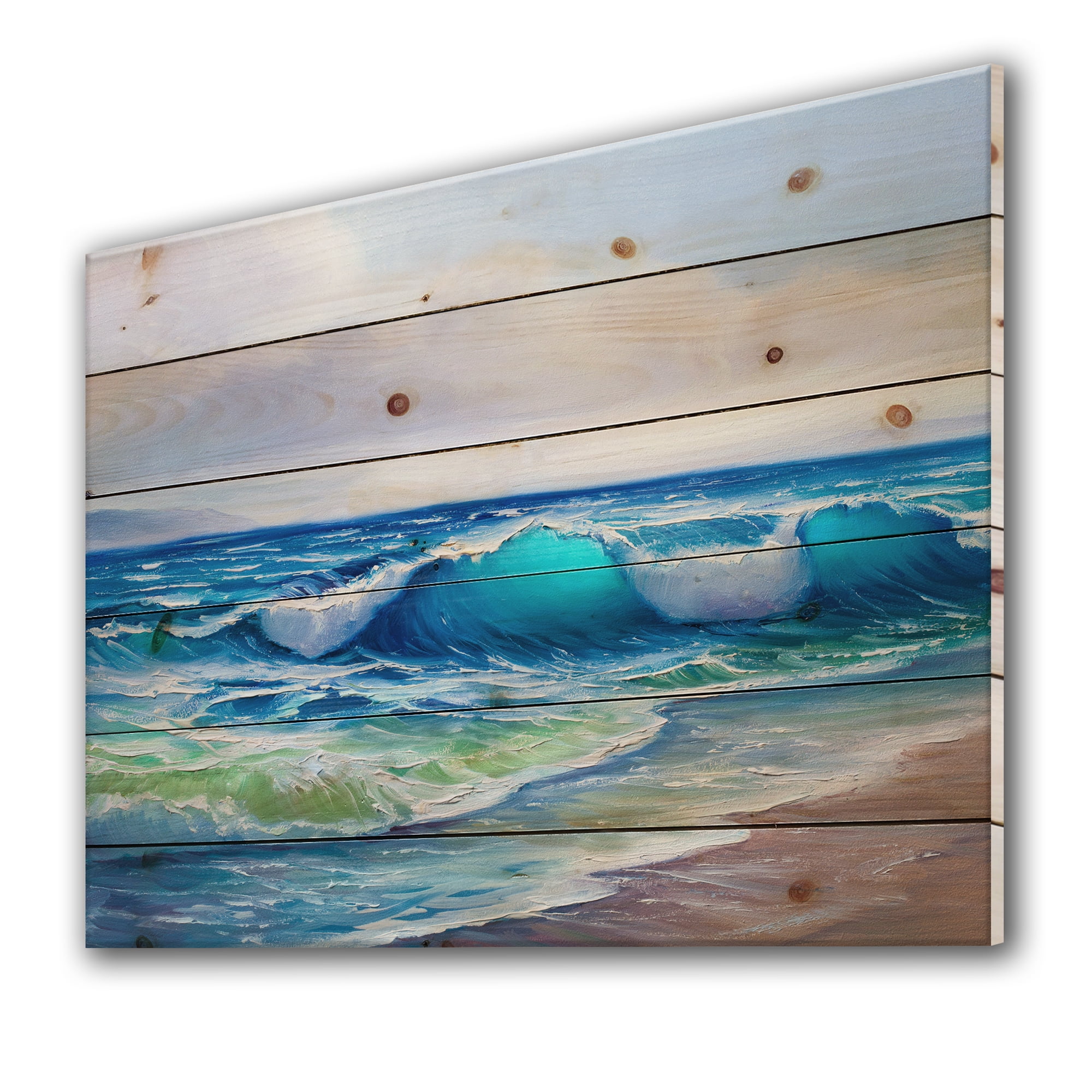 Designart 'Sunlight Catching A Wave With Seascape' Nautical & Coastal Print on Natural Pine Wood