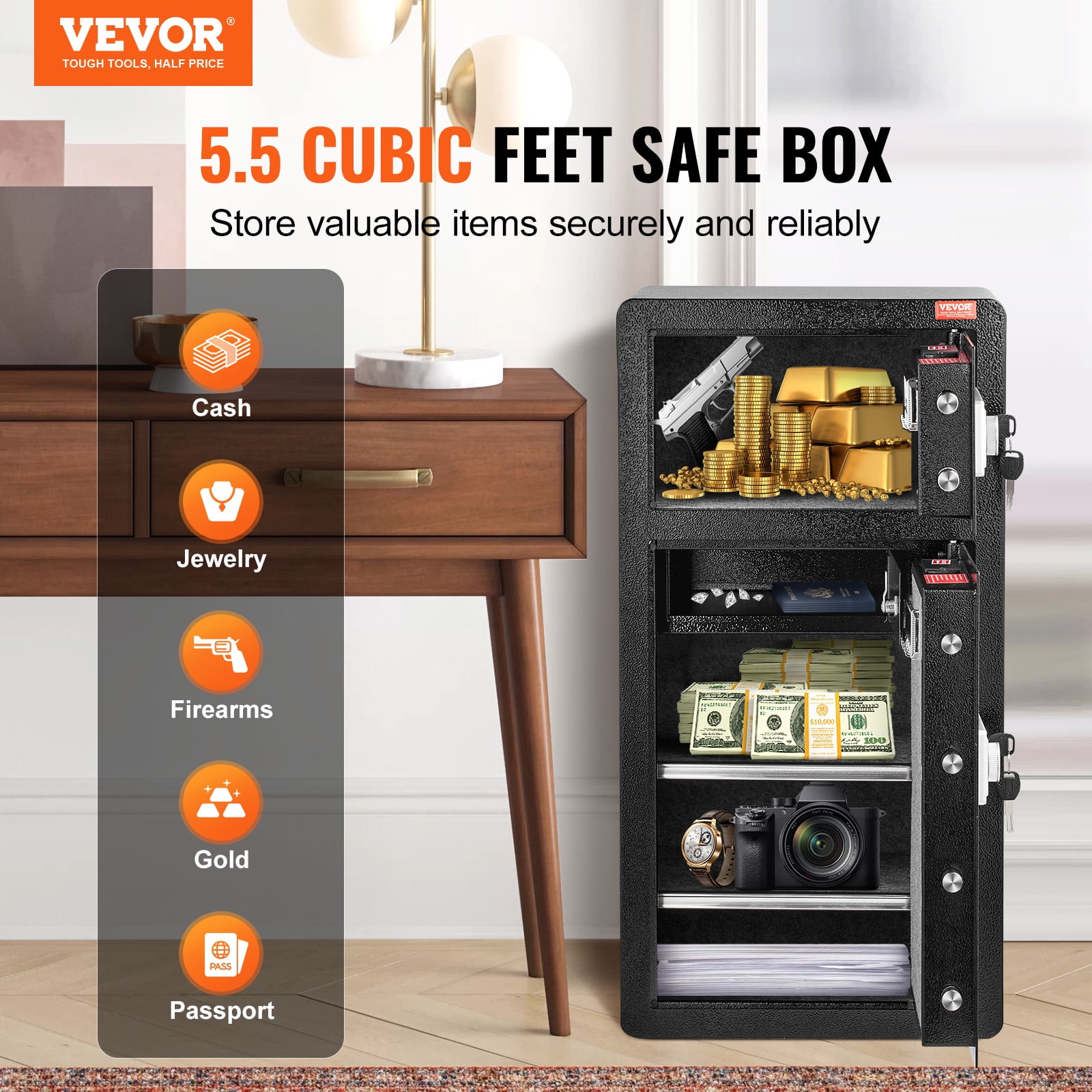 VEVOR Double Doors 5.5 cu.ft Safe Box with Key Lock & Password, Safe Lock Box with Fireproof Bag, Key Rack, LED Light,2 Height Adjustable and Removable Divider and 1 Cabinet for Money, Jewelry Black