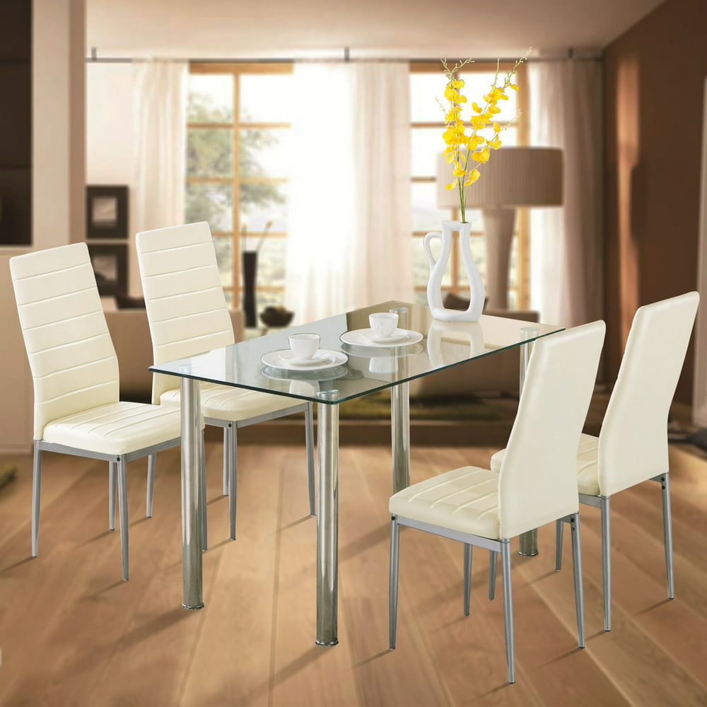 Mecor Dining Table with 4 Chairs Set Kitchen Furniture Beige 5pcs Glass