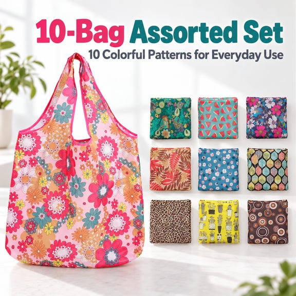 Reusable Grocery Bag, 10 Pack Foldable Washable Shopping Tote Bags with Handles, Eco-Friendly Heavy Duty Polyester Large Pocket Bags for Food Travel