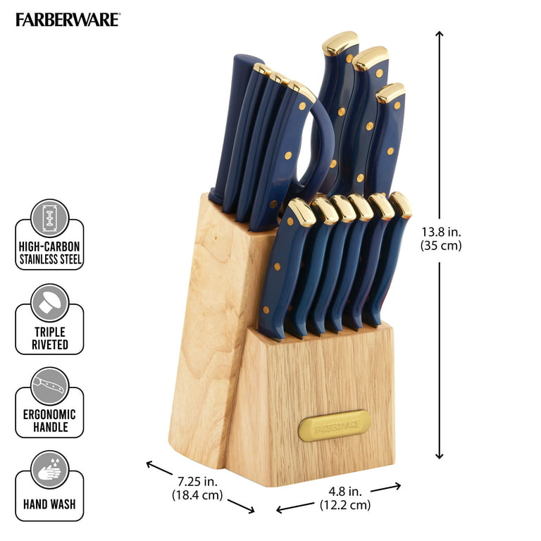 Farberware Triple Riveted Knife Block Set 15-piece in Navy and Gold 