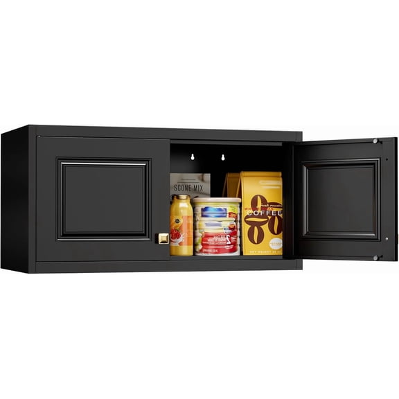 Metal Storage Cabinet with Doors, Small Kitchen Storage Cabinets, Black Wall Cabinet, 15" Tall Home Office Cabinet, Steel Overhead Cupboard for Pantry, Living Room, Kitchen- Assembly Required